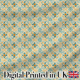 Vintage Ornamental Tile  in Teal and Mustard on Distressed Beige Background Digital Print Fabric by the Metre UK Sewing Quilting Textile