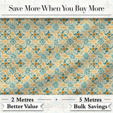 Vintage Ornamental Tile  in Teal and Mustard on Distressed Beige Background Digital Print Fabric by the Metre UK Sewing Quilting Textile