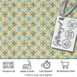 Vintage Ornamental Tile  in Teal and Mustard on Distressed Beige Background Digital Print Fabric by the Metre UK Sewing Quilting Textile