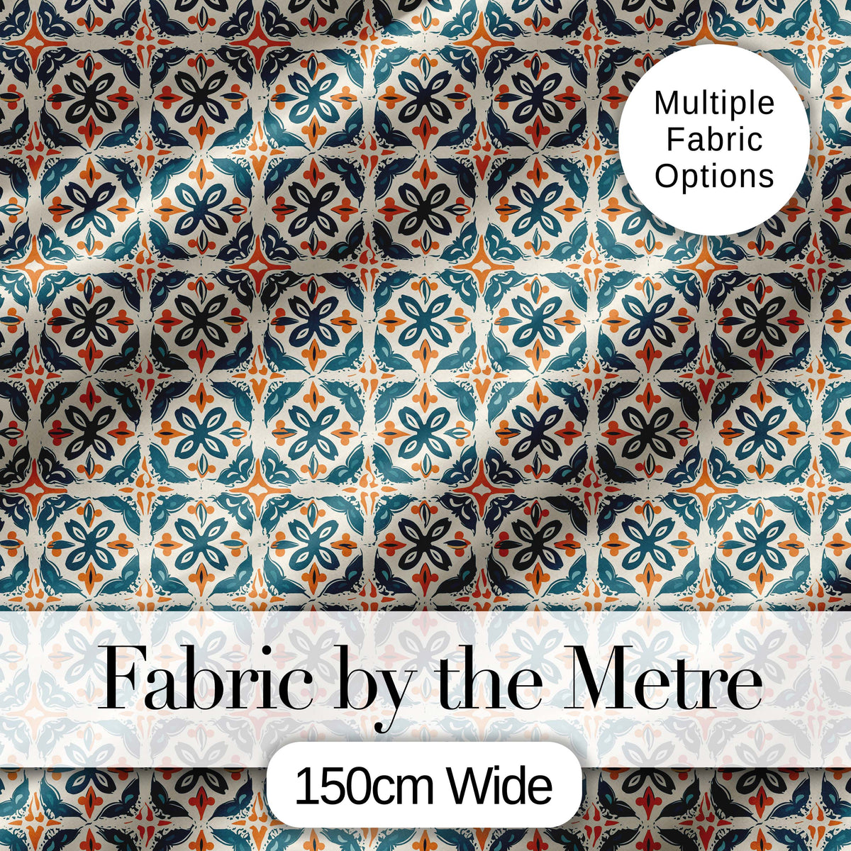Geometric Floral Tile Pattern in Teal and Burnt Orange on Neutral Background Digital Print Fabric by the Metre UK Sewing Quilting Textile