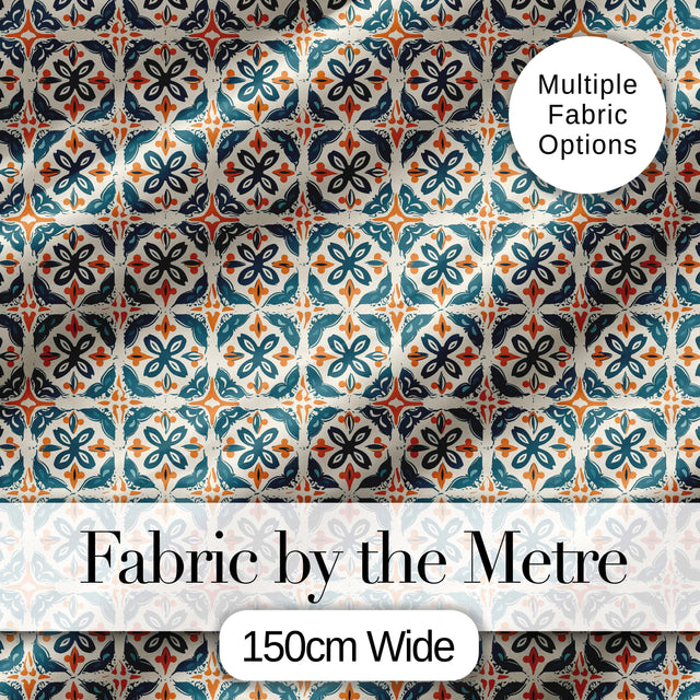 Geometric Floral Tile Pattern in Teal and Burnt Orange on Neutral Background Digital Print Fabric by the Metre UK Sewing Quilting Textile