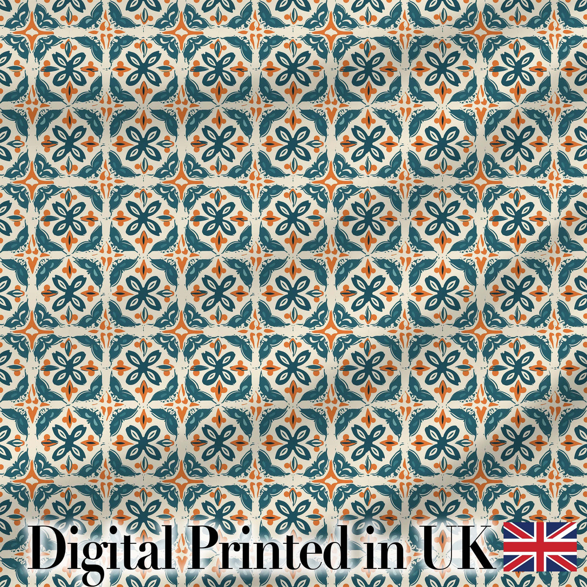Geometric Floral Tile Pattern in Teal and Burnt Orange on Neutral Background Digital Print Fabric by the Metre UK Sewing Quilting Textile