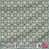 Geometric Floral Tile Pattern in Teal and Burnt Orange on Neutral Background Digital Print Fabric by the Metre UK Sewing Quilting Textile