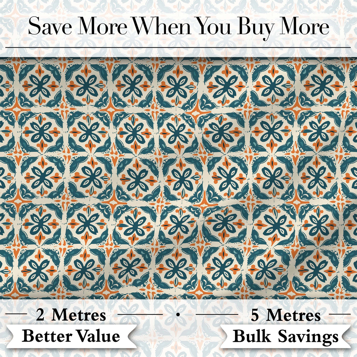 Geometric Floral Tile Pattern in Teal and Burnt Orange on Neutral Background Digital Print Fabric by the Metre UK Sewing Quilting Textile