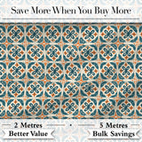 Geometric Floral Tile Pattern in Teal and Burnt Orange on Neutral Background Digital Print Fabric by the Metre UK Sewing Quilting Textile