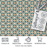 Geometric Floral Tile Pattern in Teal and Burnt Orange on Neutral Background Digital Print Fabric by the Metre UK Sewing Quilting Textile