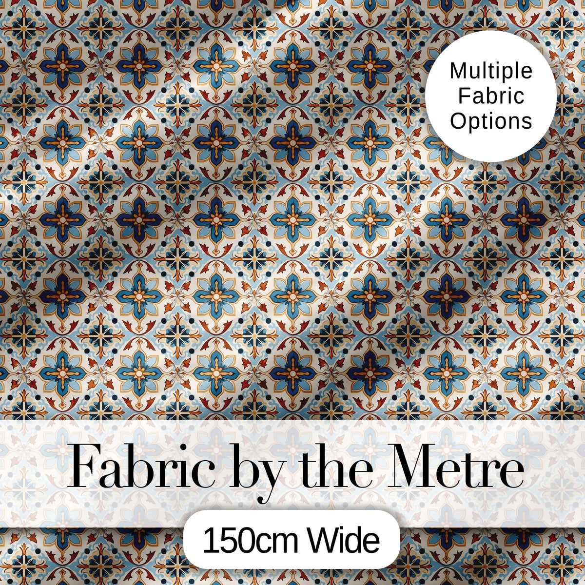 Vintage Blue and Terracotta Ornamental Tile Pattern on Cream Background Digital Print Fabric by the Metre UK Sewing Quilting Textile