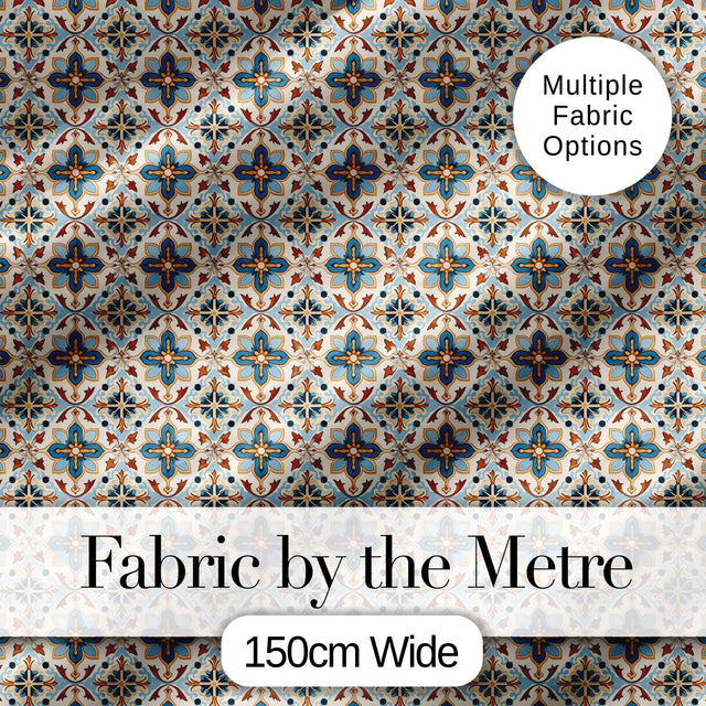Vintage Blue and Terracotta Ornamental Tile Pattern on Cream Background Digital Print Fabric by the Metre UK Sewing Quilting Textile