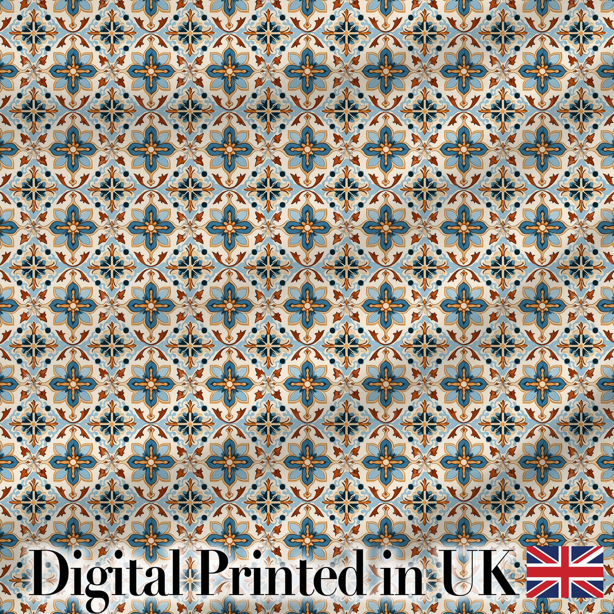 Vintage Blue and Terracotta Ornamental Tile Pattern on Cream Background Digital Print Fabric by the Metre UK Sewing Quilting Textile