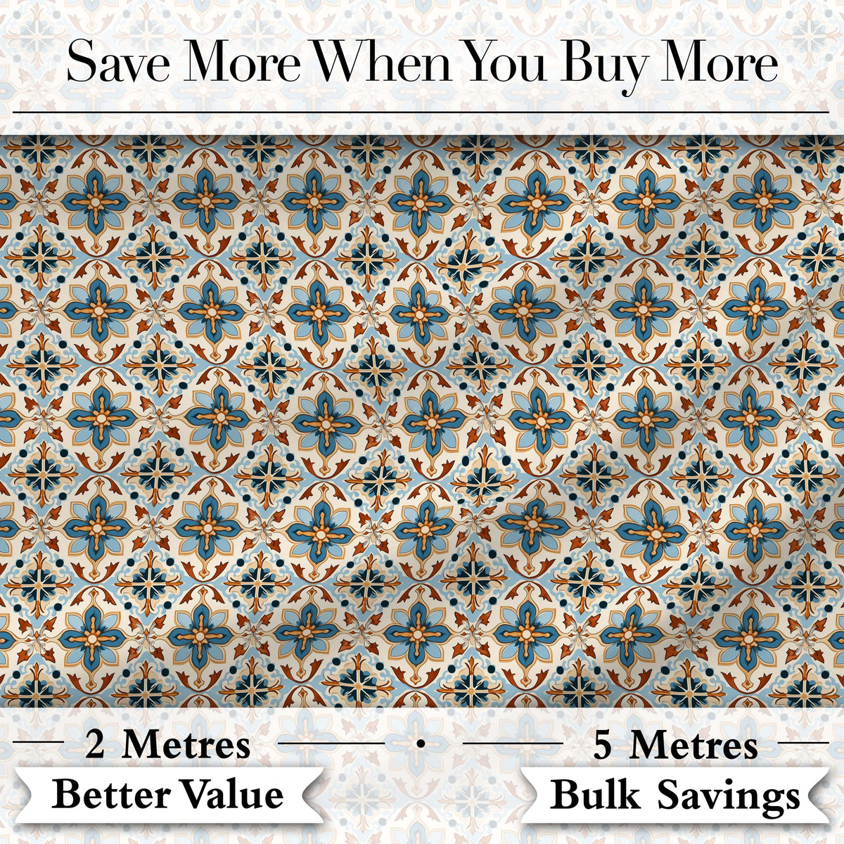 Vintage Blue and Terracotta Ornamental Tile Pattern on Cream Background Digital Print Fabric by the Metre UK Sewing Quilting Textile