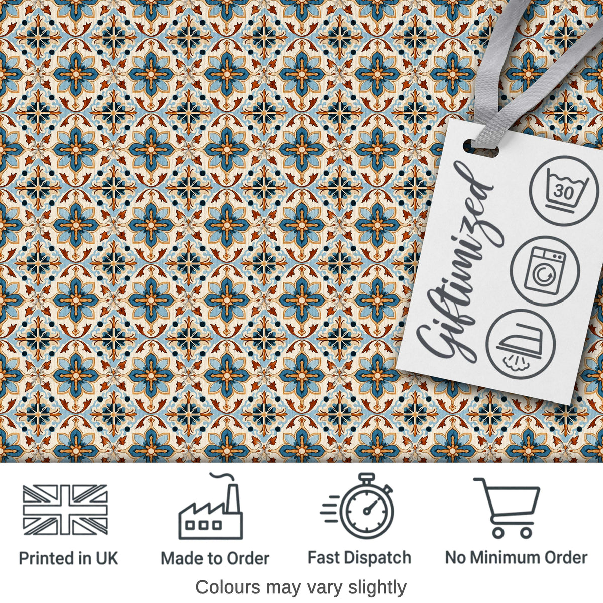 Vintage Blue and Terracotta Ornamental Tile Pattern on Cream Background Digital Print Fabric by the Metre UK Sewing Quilting Textile