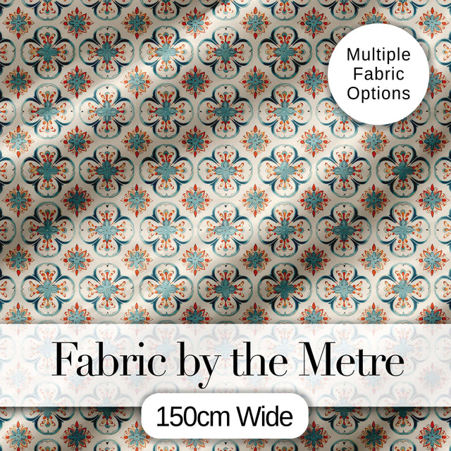 Soft Teal Floral Tile Pattern with Coral Accents on Neutral Background Digital Print Fabric by the Metre UK Sewing Quilting Textile