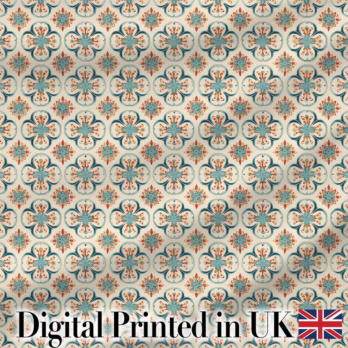 Soft Teal Floral Tile Pattern with Coral Accents on Neutral Background Digital Print Fabric by the Metre UK Sewing Quilting Textile