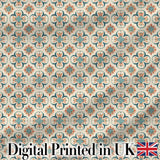 Soft Teal Floral Tile Pattern with Coral Accents on Neutral Background Digital Print Fabric by the Metre UK Sewing Quilting Textile