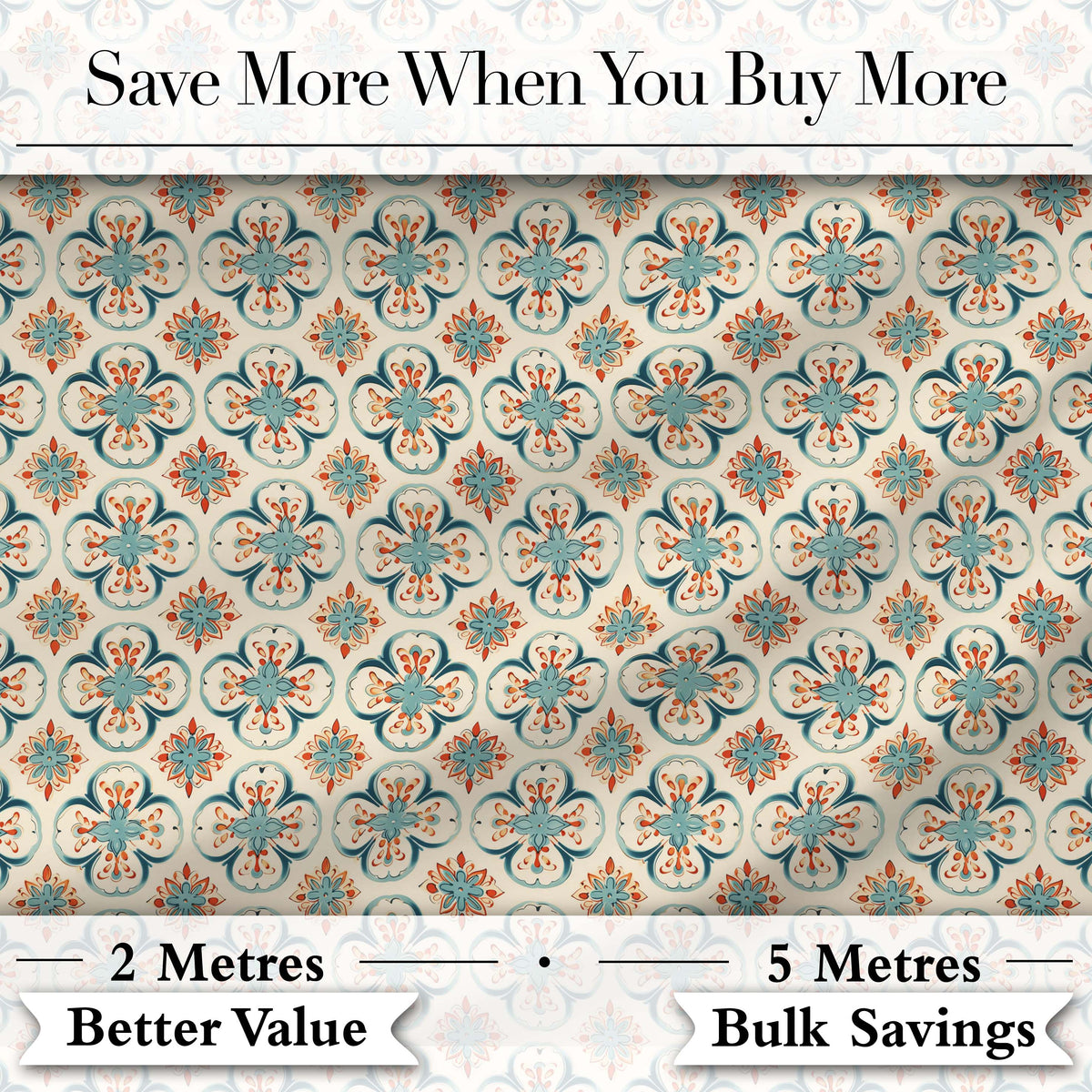 Soft Teal Floral Tile Pattern with Coral Accents on Neutral Background Digital Print Fabric by the Metre UK Sewing Quilting Textile