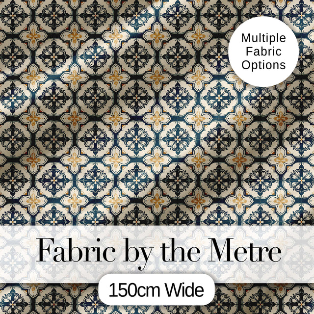 Classic Navy and Beige Decorative Tile Pattern with Symmetrical Motifs Digital Print Fabric by the Metre UK Sewing Quilting Textile