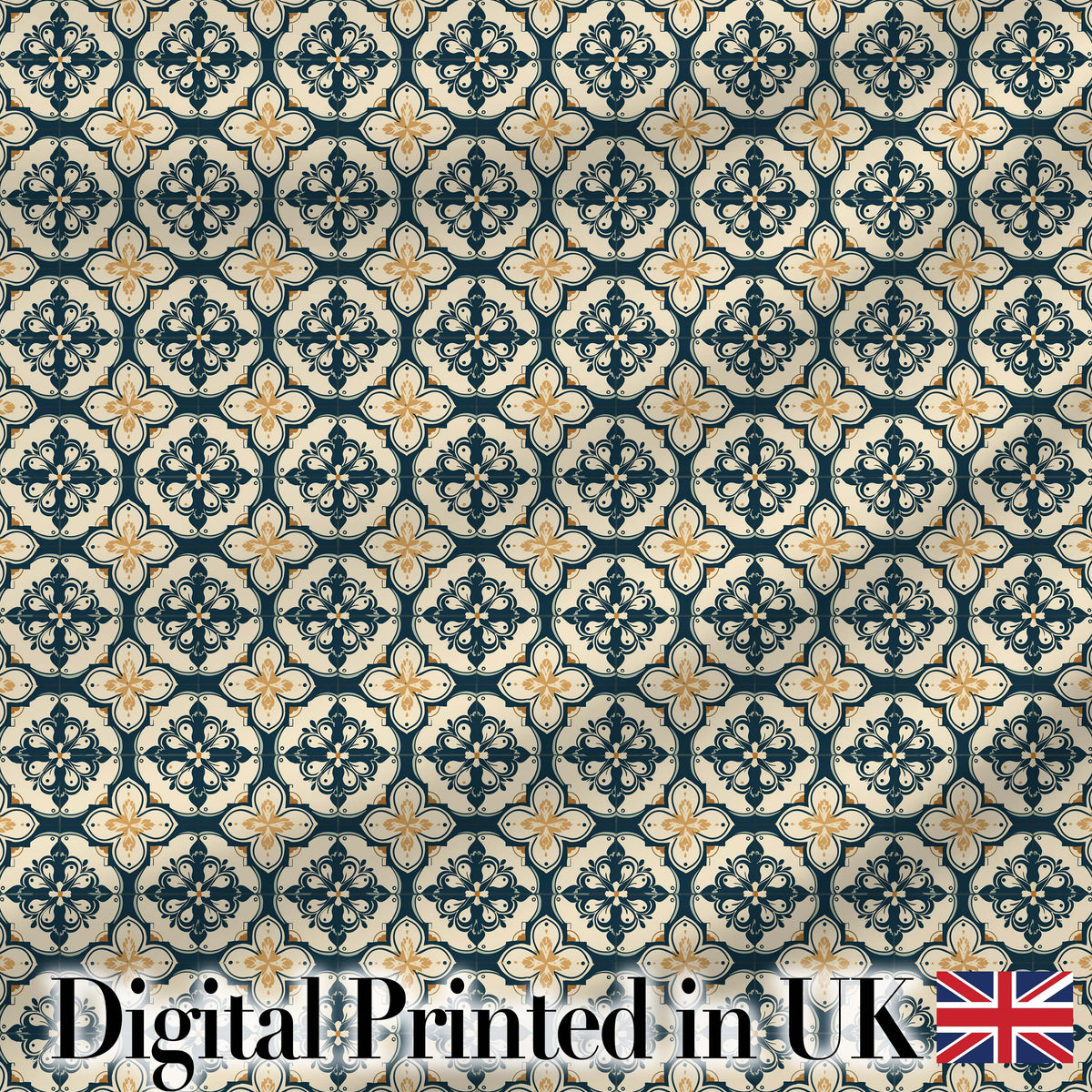 Classic Navy and Beige Decorative Tile Pattern with Symmetrical Motifs Digital Print Fabric by the Metre UK Sewing Quilting Textile