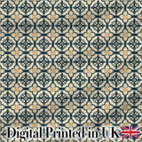 Classic Navy and Beige Decorative Tile Pattern with Symmetrical Motifs Digital Print Fabric by the Metre UK Sewing Quilting Textile