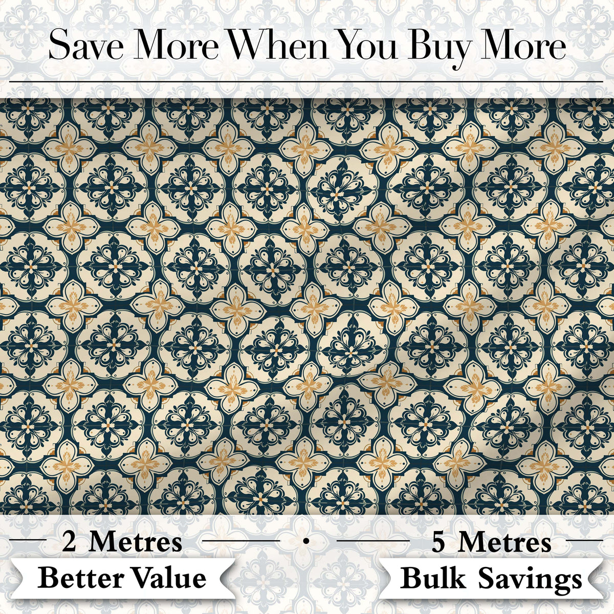 Classic Navy and Beige Decorative Tile Pattern with Symmetrical Motifs Digital Print Fabric by the Metre UK Sewing Quilting Textile