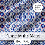 Classic Blue Floral Portuguese Tile Pattern with Red Accents on White Digital Print Fabric by the Metre UK Sewing Quilting Textile