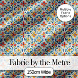 Vibrant Watercolour Floral Tile Pattern in Blue Orange and Yellow Tones Digital Print Fabric by the Metre UK Sewing Quilting Textile