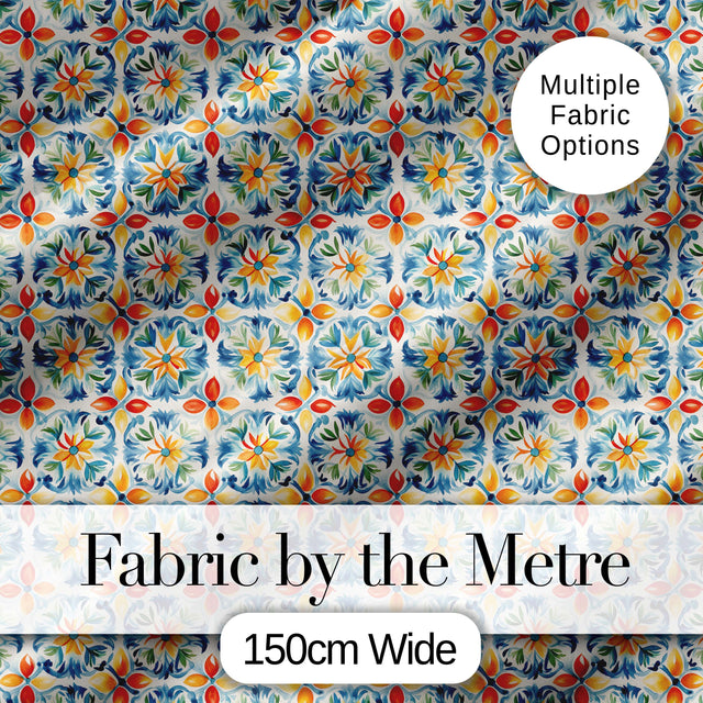 Vibrant Watercolour Floral Tile Pattern in Blue Orange and Yellow Tones Digital Print Fabric by the Metre UK Sewing Quilting Textile