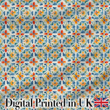 Vibrant Watercolour Floral Tile Pattern in Blue Orange and Yellow Tones Digital Print Fabric by the Metre UK Sewing Quilting Textile