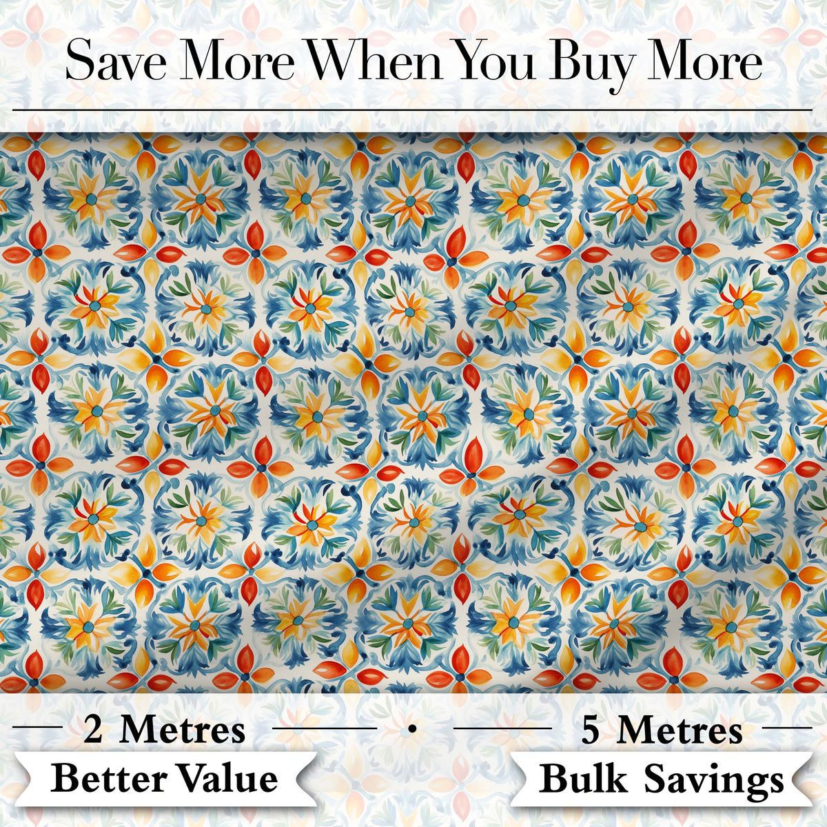 Vibrant Watercolour Floral Tile Pattern in Blue Orange and Yellow Tones Digital Print Fabric by the Metre UK Sewing Quilting Textile