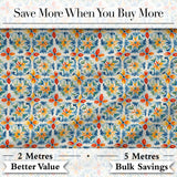 Vibrant Watercolour Floral Tile Pattern in Blue Orange and Yellow Tones Digital Print Fabric by the Metre UK Sewing Quilting Textile