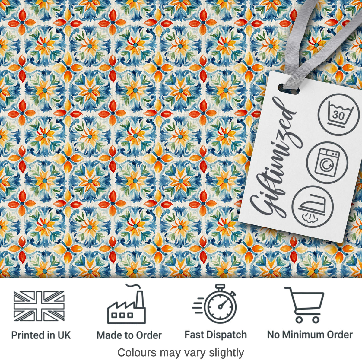 Vibrant Watercolour Floral Tile Pattern in Blue Orange and Yellow Tones Digital Print Fabric by the Metre UK Sewing Quilting Textile