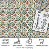 Vibrant Watercolour Floral Tile Pattern in Blue Orange and Yellow Tones Digital Print Fabric by the Metre UK Sewing Quilting Textile