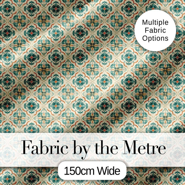 Teal and Cream Ornamental Floral Tile Pattern with Subtle Orange Accents Digital Print Fabric by the Metre UK Sewing Quilting Textile