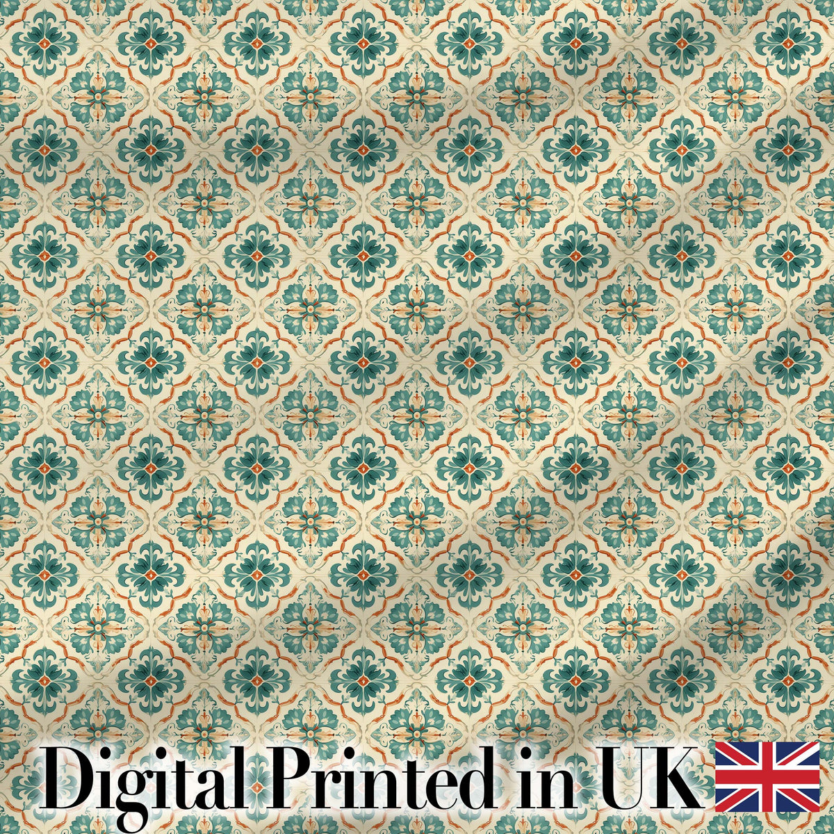 Teal and Cream Ornamental Floral Tile Pattern with Subtle Orange Accents Digital Print Fabric by the Metre UK Sewing Quilting Textile