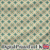 Teal and Cream Ornamental Floral Tile Pattern with Subtle Orange Accents Digital Print Fabric by the Metre UK Sewing Quilting Textile