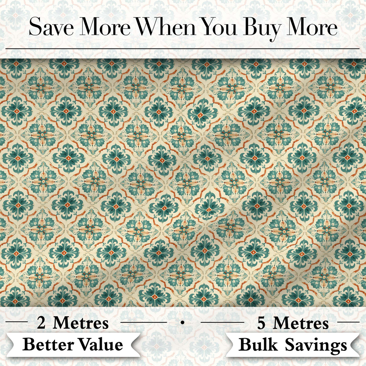 Teal and Cream Ornamental Floral Tile Pattern with Subtle Orange Accents Digital Print Fabric by the Metre UK Sewing Quilting Textile