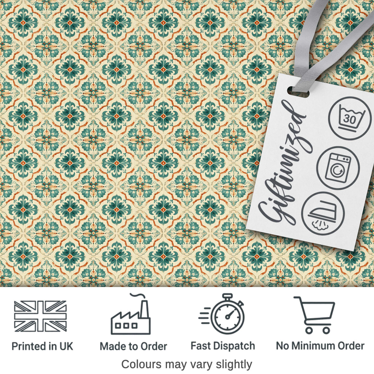 Teal and Cream Ornamental Floral Tile Pattern with Subtle Orange Accents Digital Print Fabric by the Metre UK Sewing Quilting Textile