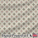 Elegant Neutral Tile Pattern with Navy Blue and Terracotta Floral Motifs Digital Print Fabric by the Metre UK Sewing Quilting Textile