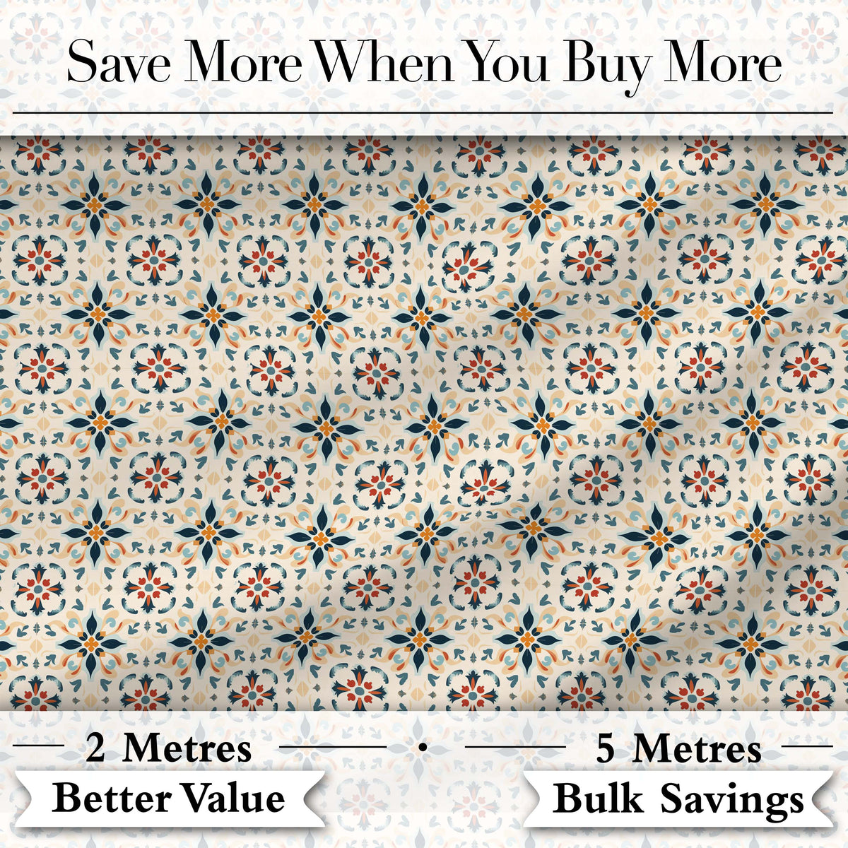 Elegant Neutral Tile Pattern with Navy Blue and Terracotta Floral Motifs Digital Print Fabric by the Metre UK Sewing Quilting Textile