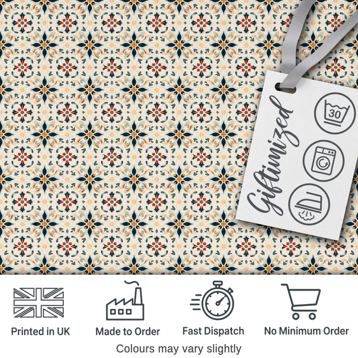 Elegant Neutral Tile Pattern with Navy Blue and Terracotta Floral Motifs Digital Print Fabric by the Metre UK Sewing Quilting Textile