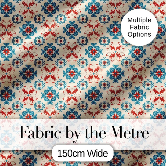 Teal and Red Folk Floral Tile Pattern with Decorative Motifs on Warm Cream Digital Print Fabric by the Metre UK Sewing Quilting Textile