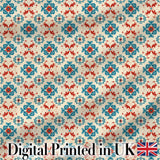 Teal and Red Folk Floral Tile Pattern with Decorative Motifs on Warm Cream Digital Print Fabric by the Metre UK Sewing Quilting Textile