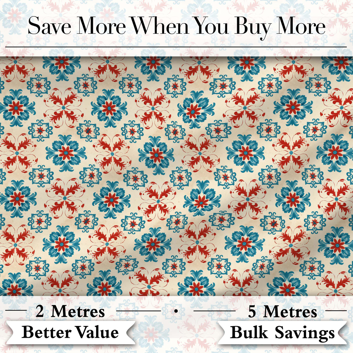 Teal and Red Folk Floral Tile Pattern with Decorative Motifs on Warm Cream Digital Print Fabric by the Metre UK Sewing Quilting Textile