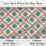 Teal and Red Folk Floral Tile Pattern with Decorative Motifs on Warm Cream Digital Print Fabric by the Metre UK Sewing Quilting Textile