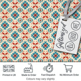 Teal and Red Folk Floral Tile Pattern with Decorative Motifs on Warm Cream Digital Print Fabric by the Metre UK Sewing Quilting Textile
