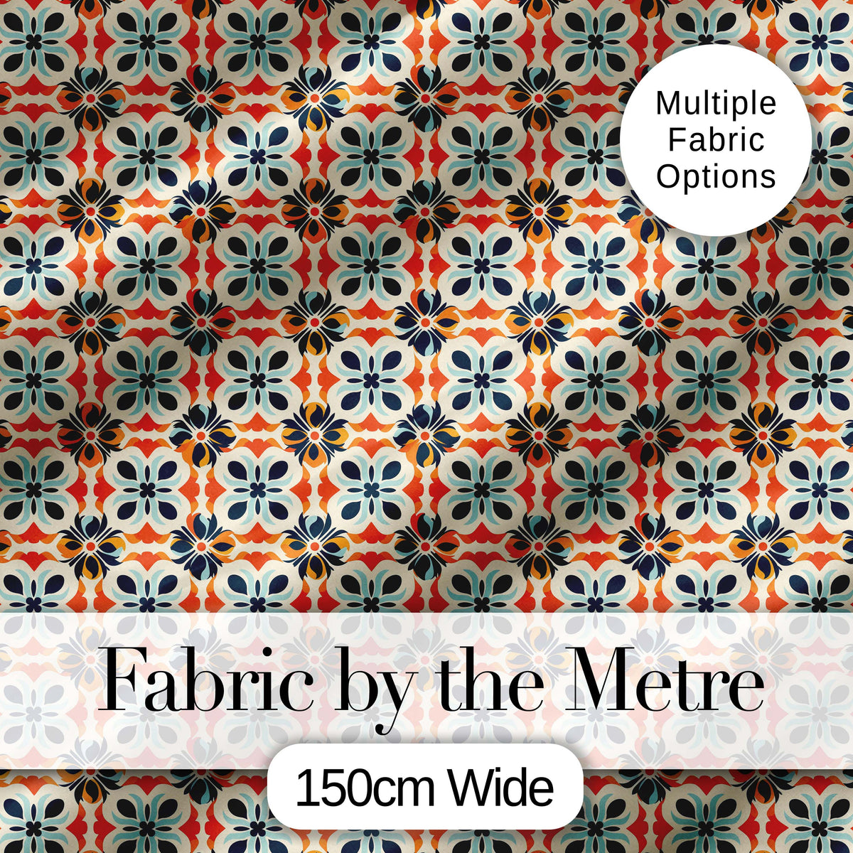 Bold  Floral Tile  in Navy, Orange and Cream with Symmetrical Design Digital Print Fabric by the Metre UK Sewing Quilting Textile