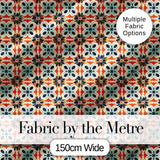 Bold  Floral Tile  in Navy, Orange and Cream with Symmetrical Design Digital Print Fabric by the Metre UK Sewing Quilting Textile