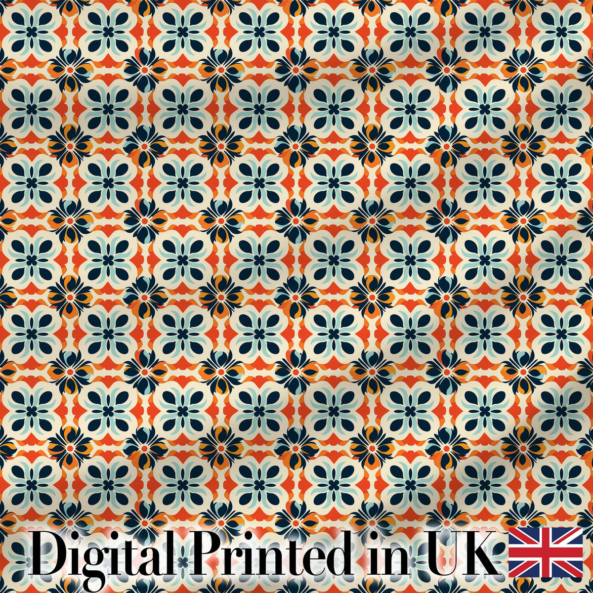 Bold  Floral Tile  in Navy, Orange and Cream with Symmetrical Design Digital Print Fabric by the Metre UK Sewing Quilting Textile