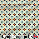 Bold  Floral Tile  in Navy, Orange and Cream with Symmetrical Design Digital Print Fabric by the Metre UK Sewing Quilting Textile