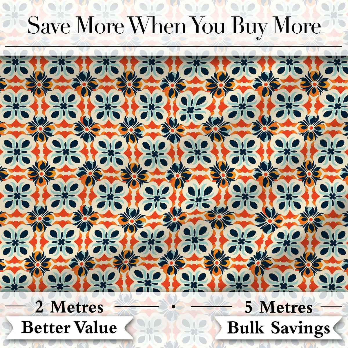 Bold  Floral Tile  in Navy, Orange and Cream with Symmetrical Design Digital Print Fabric by the Metre UK Sewing Quilting Textile