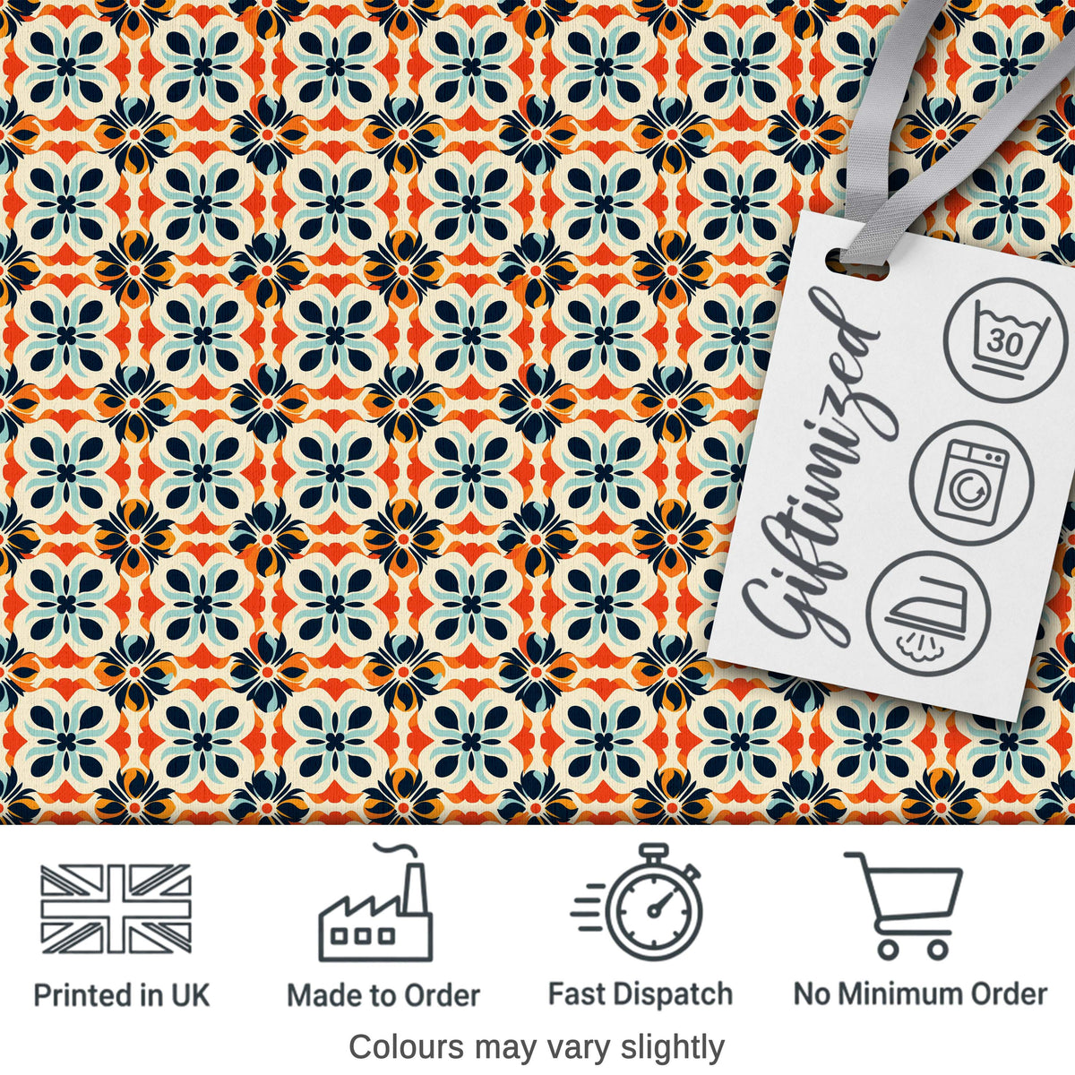 Bold  Floral Tile  in Navy, Orange and Cream with Symmetrical Design Digital Print Fabric by the Metre UK Sewing Quilting Textile